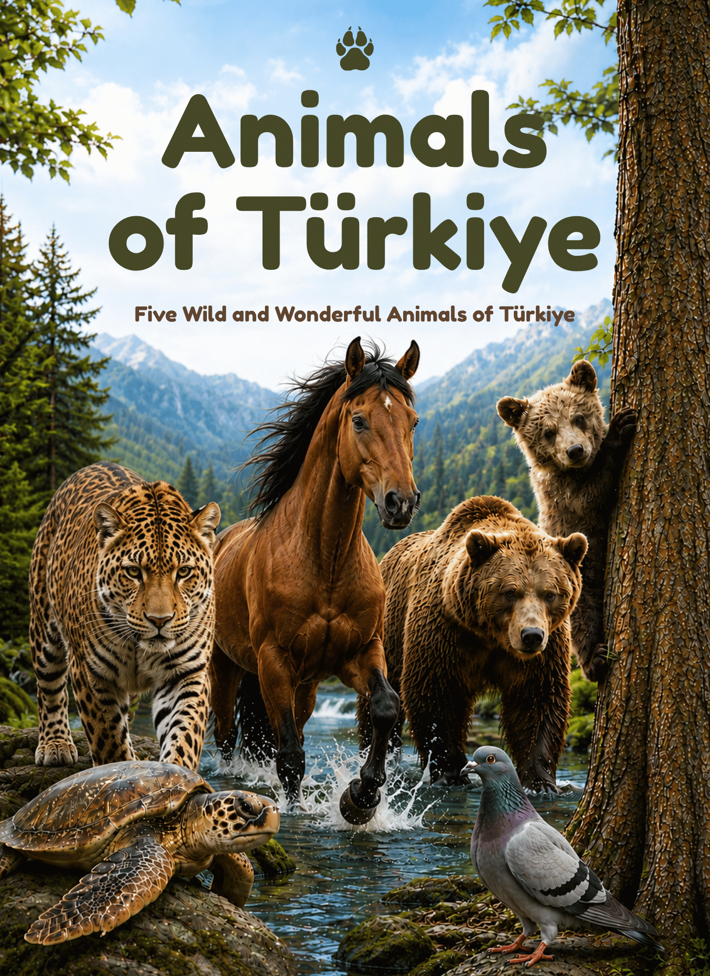 Animals of Türkiye cover — an Anatolian leopard and loggerhead sea turtle in a realistic style