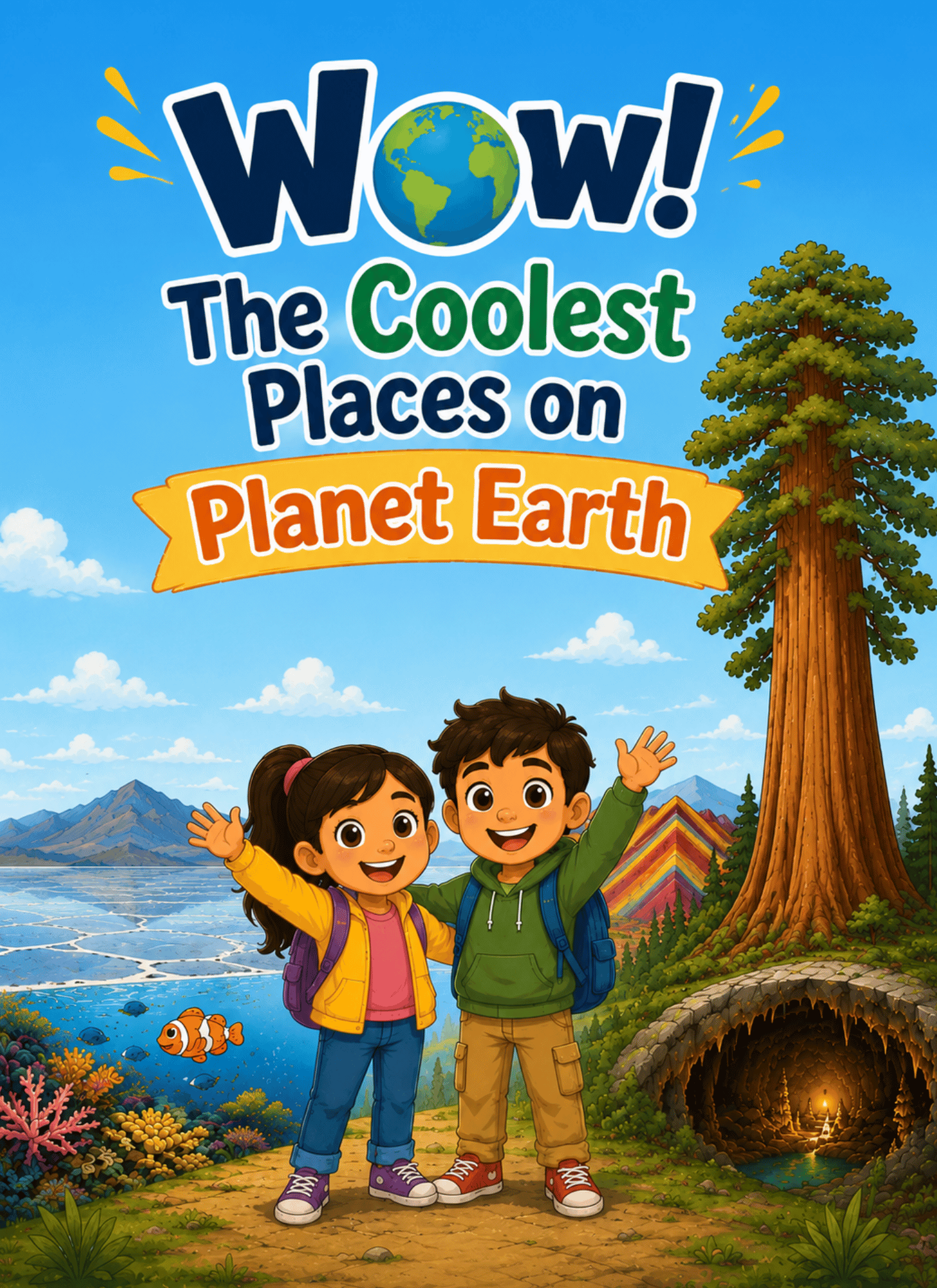 Coolest Places on Planet Earth cover — two kid-explorers on the mirror-like Salar de Uyuni salt flat