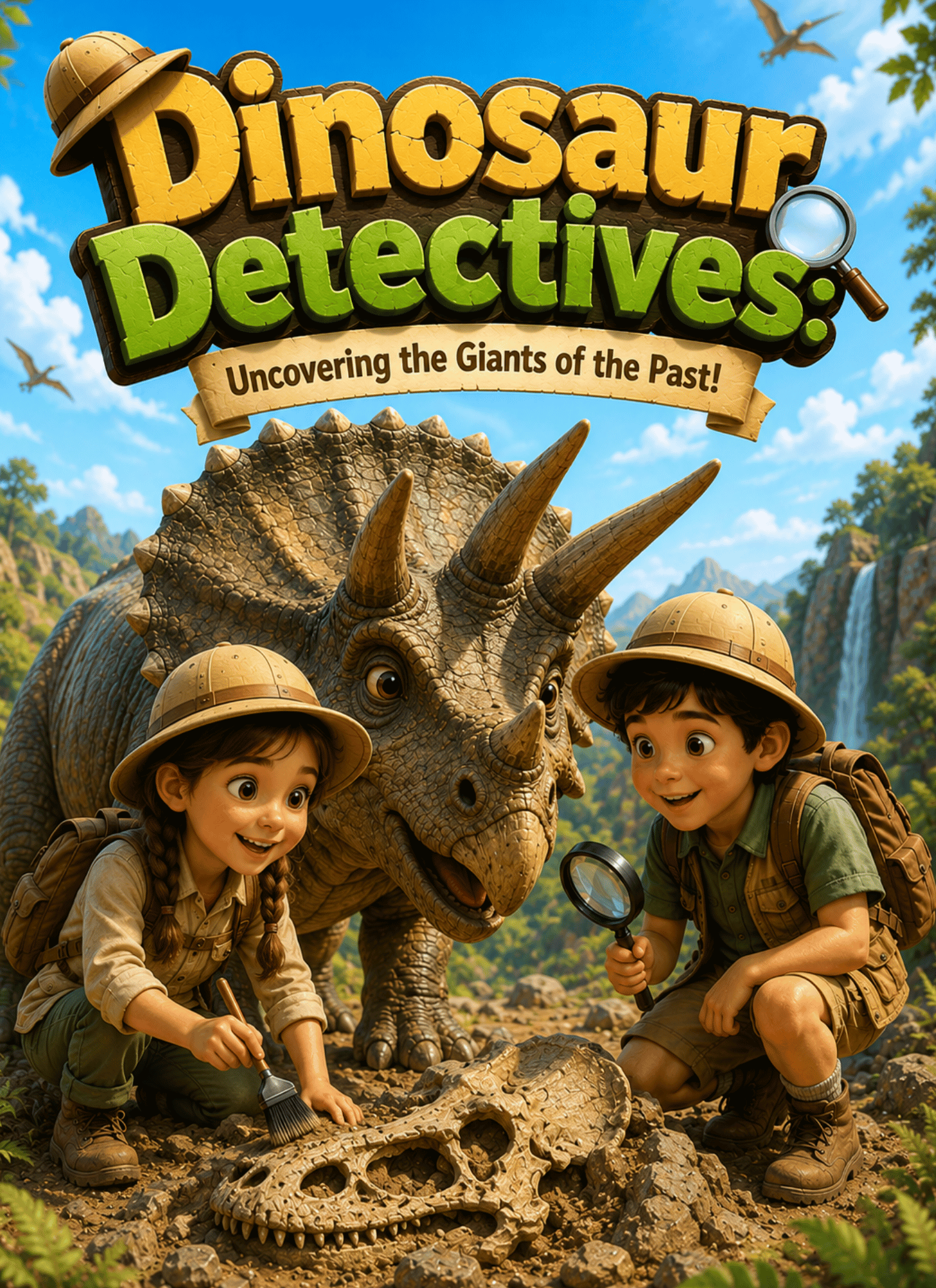 Dinosaur Detectives cover — a child detective with a magnifying glass beside a friendly dinosaur skeleton