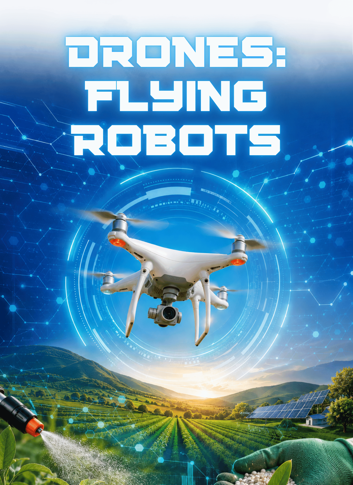 Drones: Flying Robots cover — a modern quadcopter drone against the sky with a hint of Mars