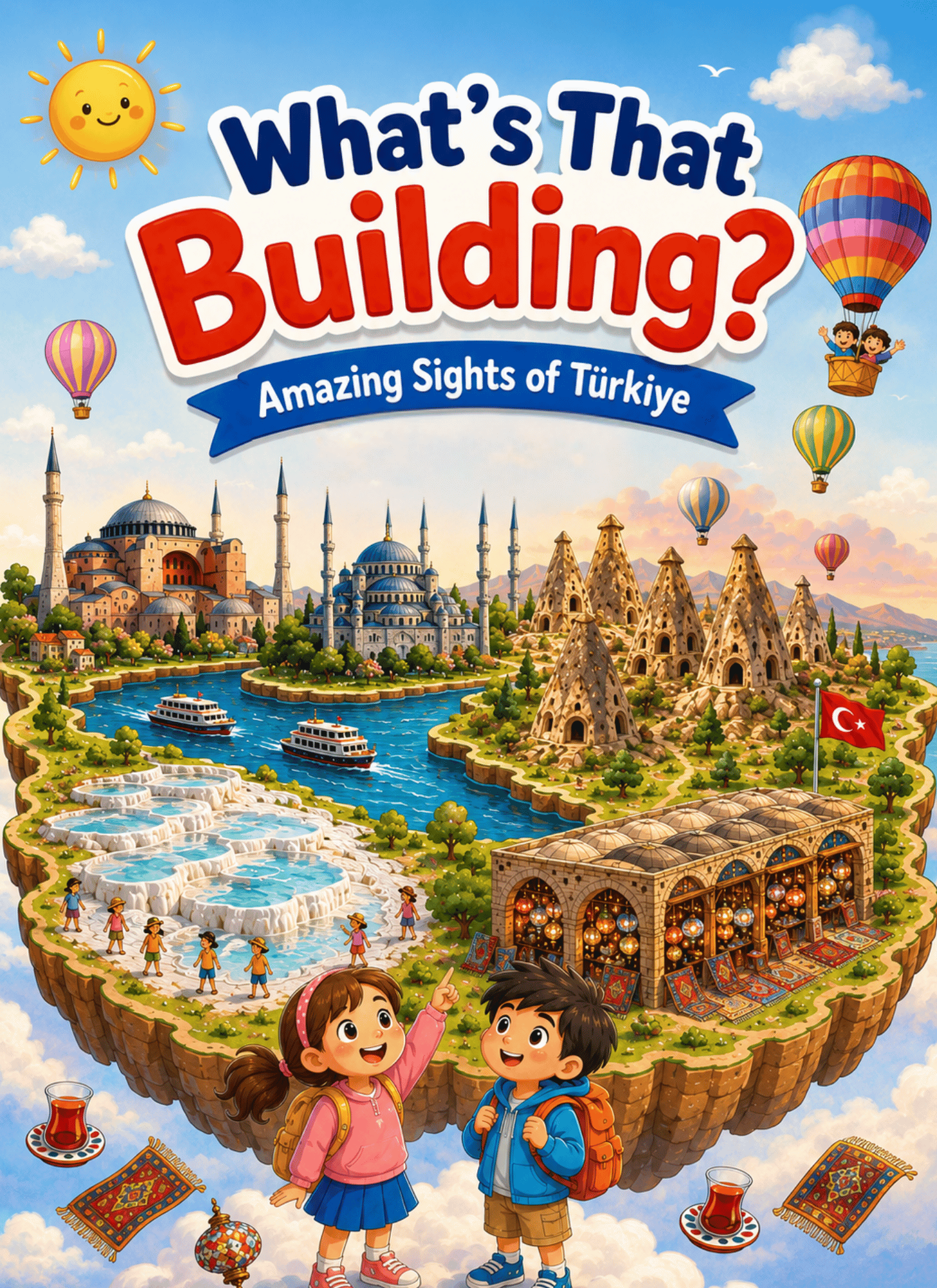 What's That Building? cover — two friendly cartoon guides in front of Hagia Sophia and Cappadocia
