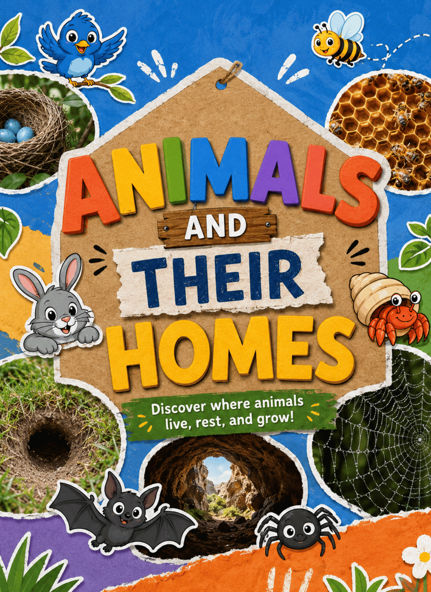 Who Lives Here? cover — a collage of animal homes: nest, burrow, web and hive