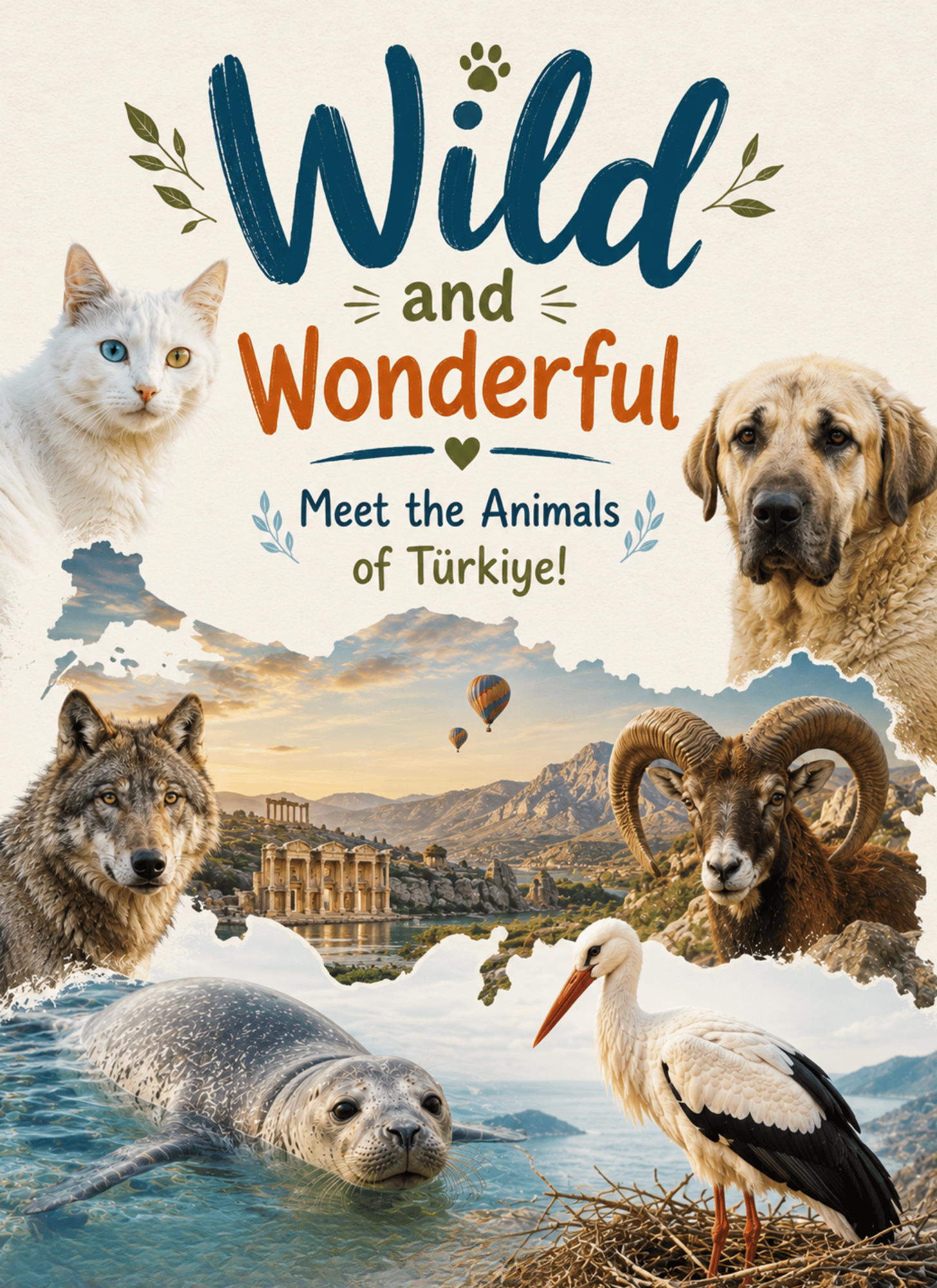 Wild and Wonderful cover — a Van cat, Kangal dog and white stork in a Turkish landscape