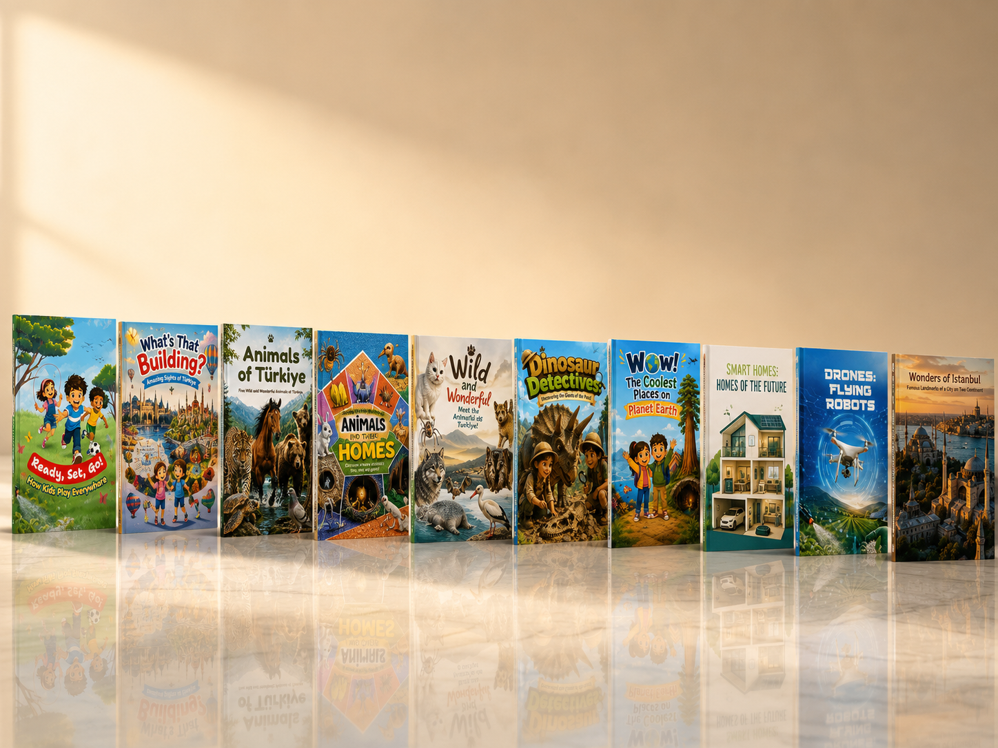 The ten graded-reader covers standing in a row, from low-A1 to B1, in warm studio light