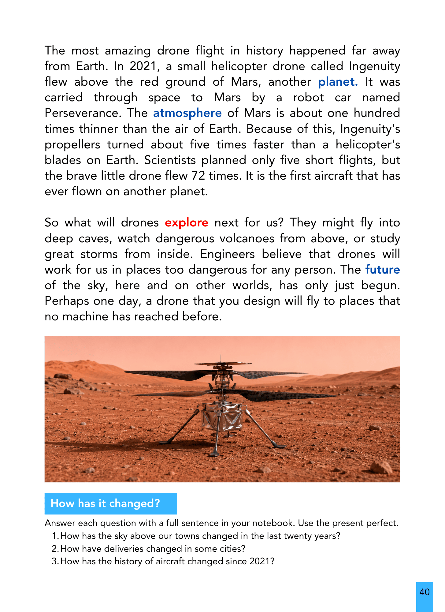 A small helicopter drone hovering above the red Martian surface, rover behind