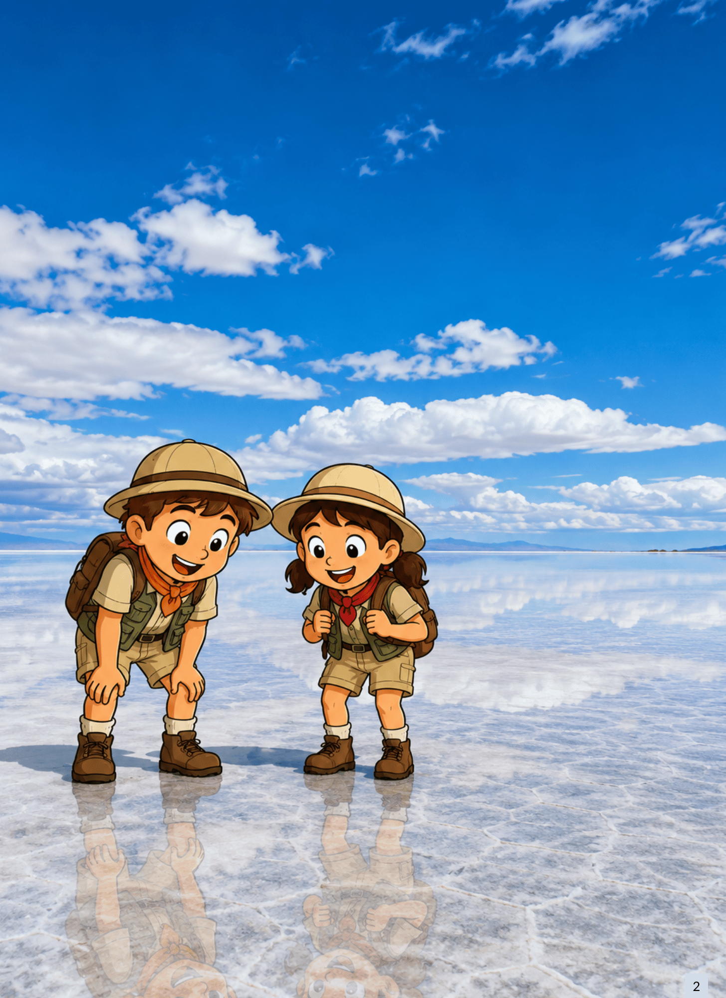 Two kid-explorers looking down at clouds mirrored beneath their feet on the salt flat