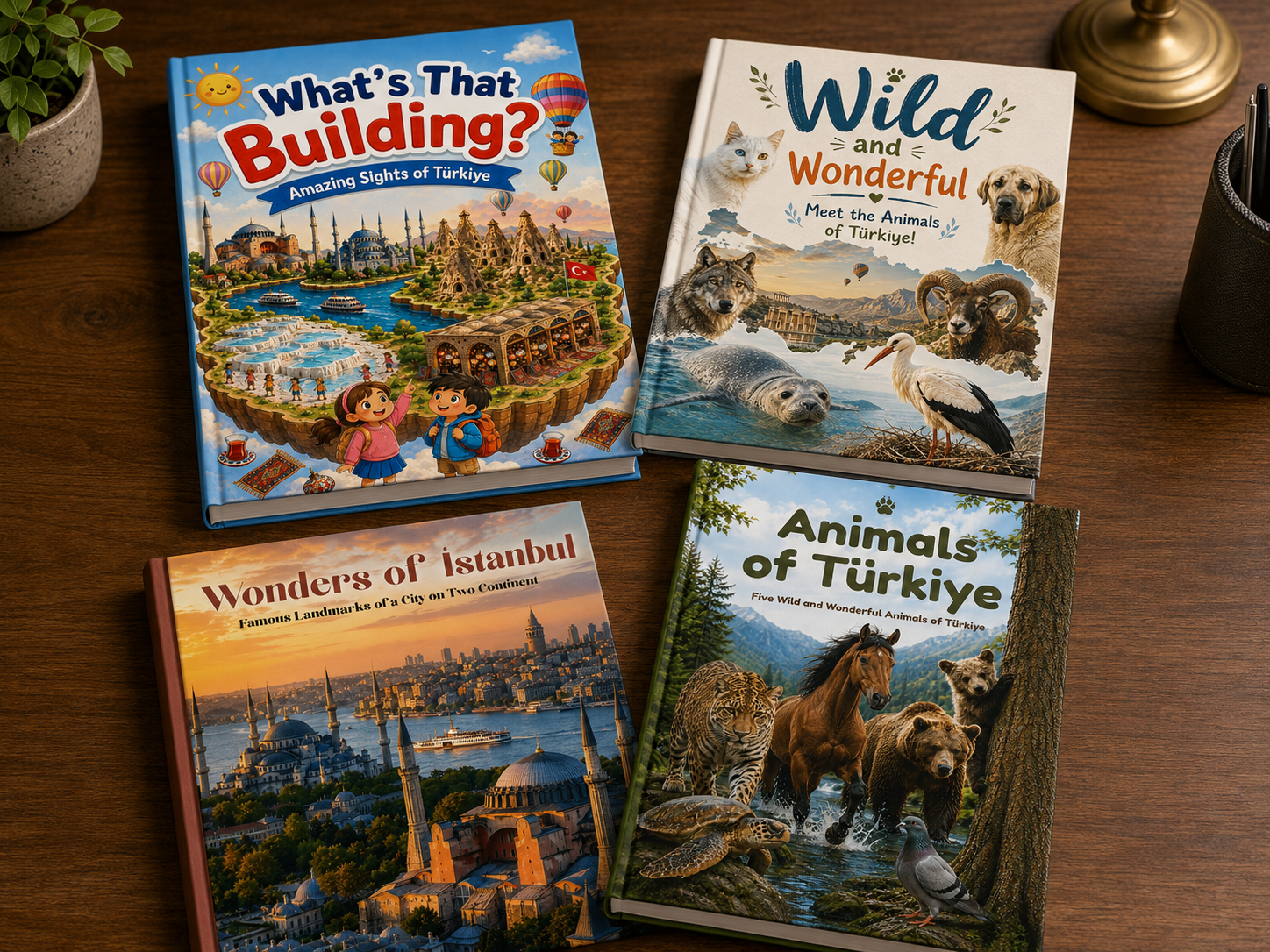 A map-and-collage of the four Türkiye titles: Istanbul landmarks, Cappadocia, and Turkish animals